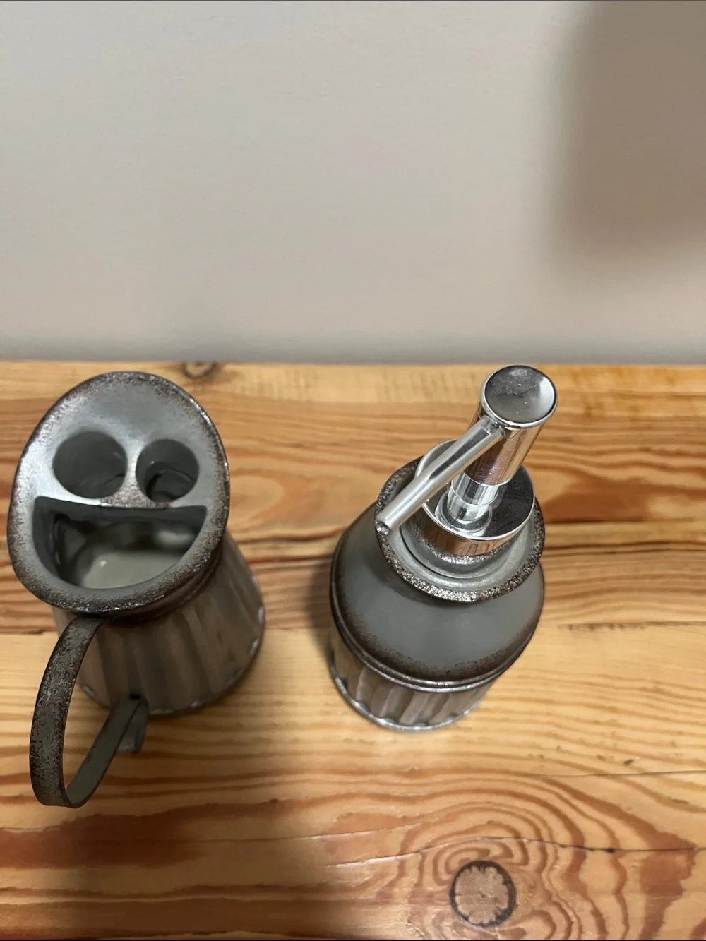 Farmhouse Rustic Gray Metal Soap Dispenser and Toothbrush Holder Set